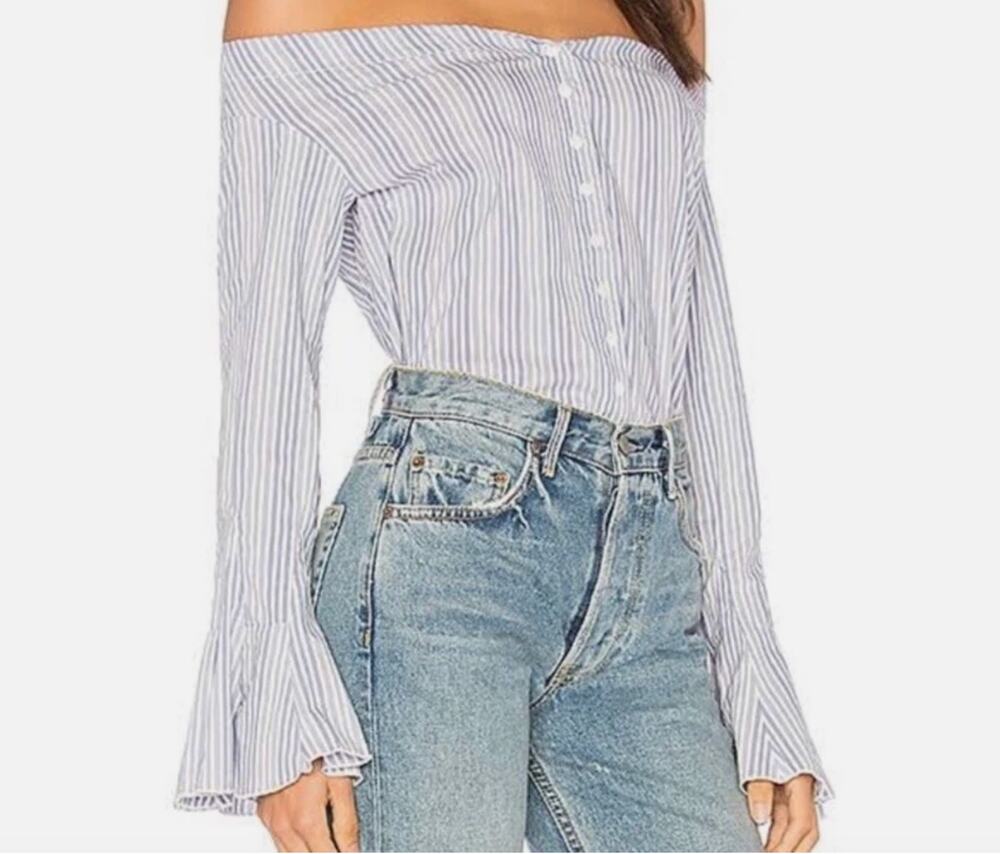Free People Off Shoulder Bell Sleeve Pin Stripe Button Down Blouse